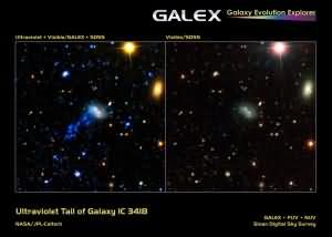 IC 3418 galaksinin çekimleri. Solda galaksinin kalan gazlarının ultraviyole ışınlarında galaksi dışına püskürmesi sağda ise normal gözümüzle görebildiğimiz hali.