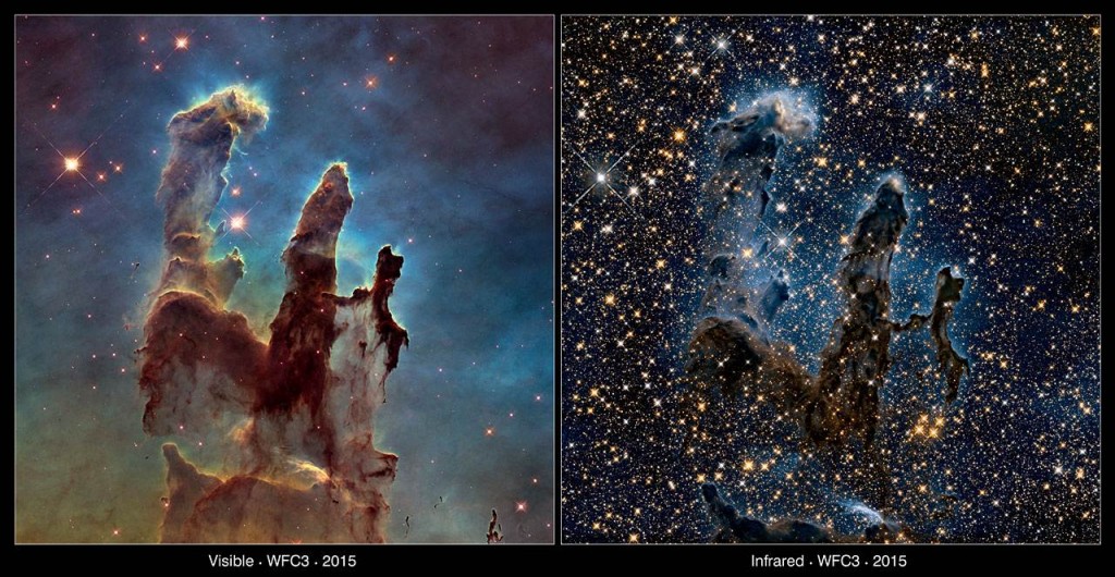 Solda görülebilir ışık ve sağda ise kızılötesi ışık ile çekilmiş Yaratılış Sütunları'nın fotoğraflarını görüyoruz.