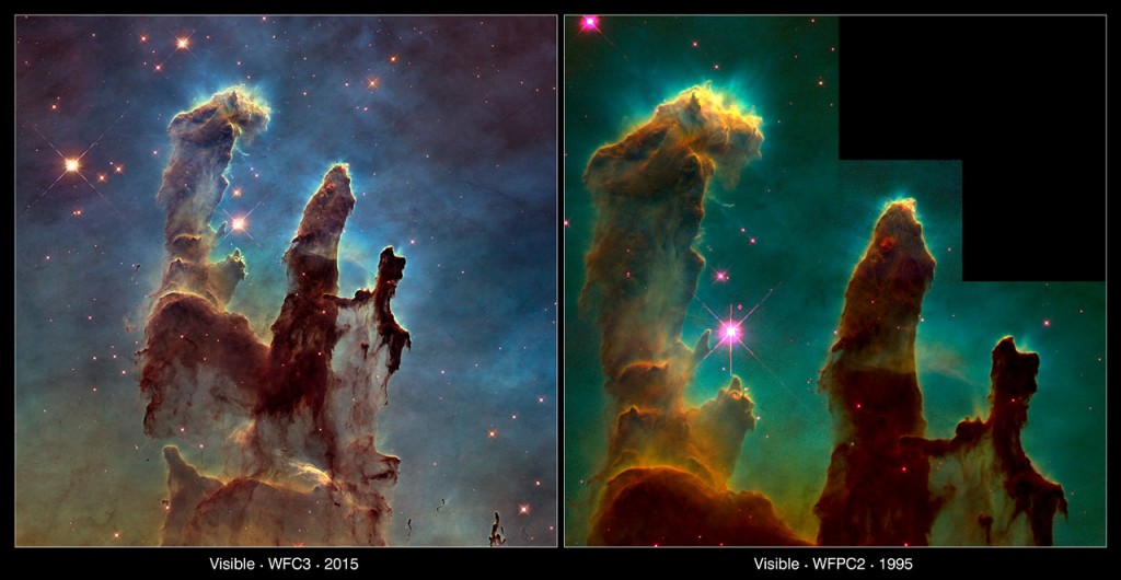 Hubble Uzay Teleskobu tarafından 1995 yılında ve 2015 yılında çekilen Yaratılış Sütunları fotoğrafları arasındaki fark.